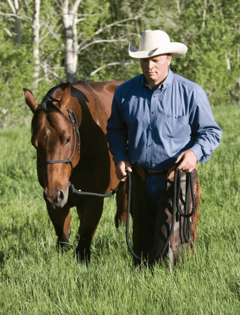 Cowboy standing next to horse