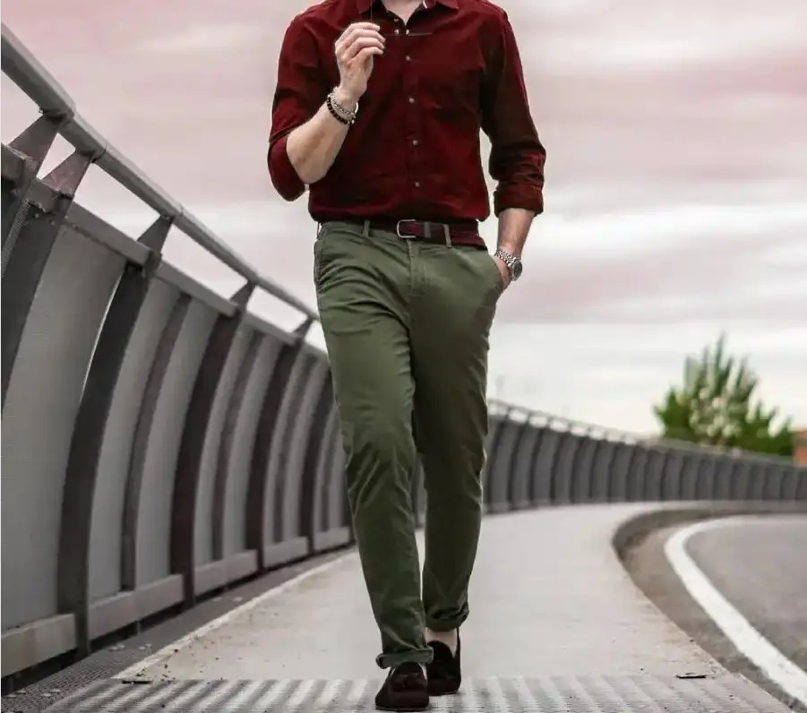 maroon shirt and olive green jeans