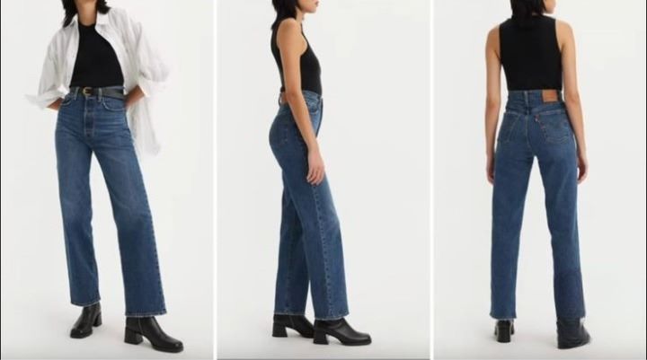 High-rise jeans gives the illusion of a slimmer waist to the rectangular shaped body type